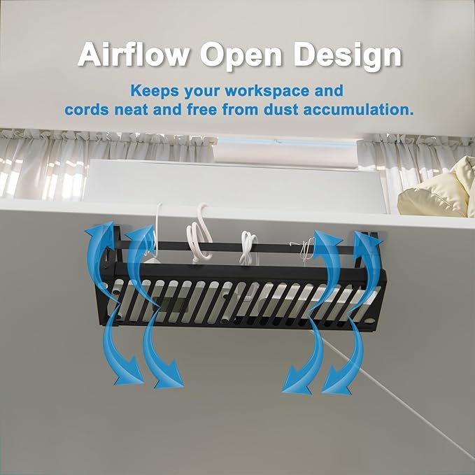 Under Desk Cable Management Tray, 17 in Metal Cable Tray Basket for Wire Management, Power Strip Holder, Cord Organizer, Wire Tamer for Home/Office Desk Cable Hider Black, 2 Pack