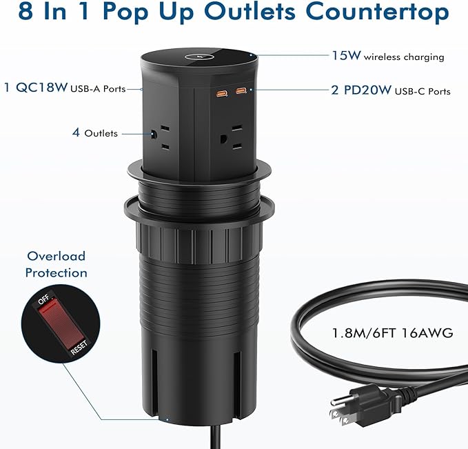 BTU Pop Up Outlet for Kitchen Countertop with 15W Wireless Charger, 20W USB C Fast Charging & 4 AC Outlet, 3 3/8" Hole Desk Charging Station Pop Out Outlet for Office, Conference, Kitchen Use