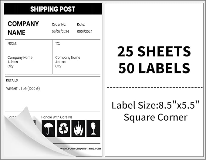 25 Sheets 50 Labels Half Sheet Self Adhesive Shipping Labels for Laser & Inkjet Printers,8.5" x 5.5" Shipping Mailing Label,White