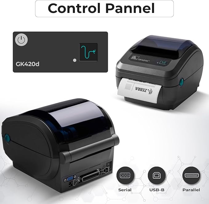 Zebra GK420D Direct Thermal Label & Barcode Printer Bundle - 1 Year Warranty - Ethernet Connectivity Printer with 24V AC Adapter + 4x6 Label Roll + USB 2.0 Cable + Microfiber Cloth (Renewed)