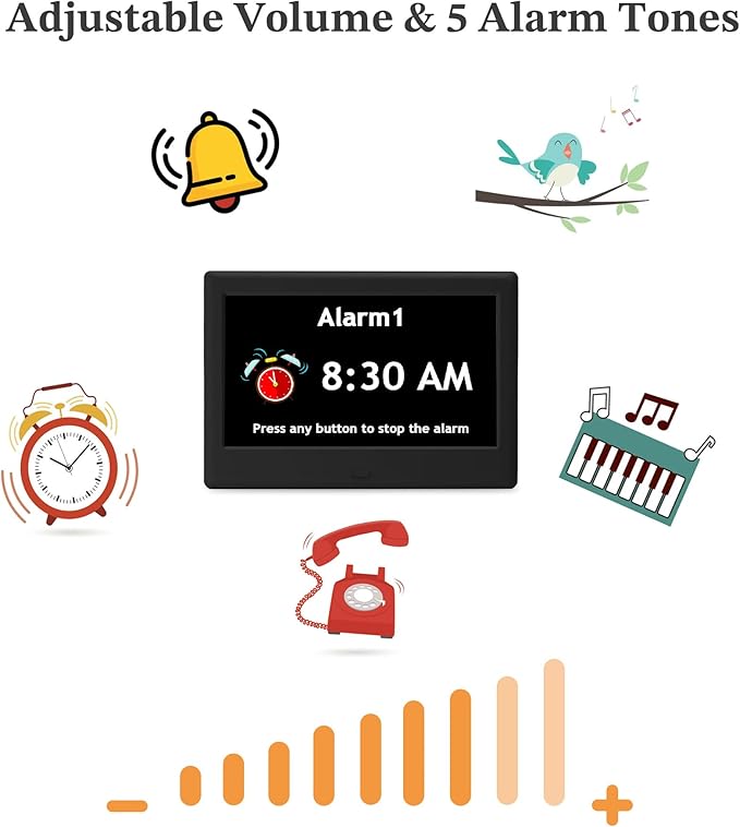 7'' Dementia Clock For Seniors, Large Display Digital Clock With Date, Time, Day Of Week for Elderly, Memory Loss, Alzheimer, 1024*600P HD, 10 Reminders & 6 Alarms, Auto Dimming & DST, Remote Control