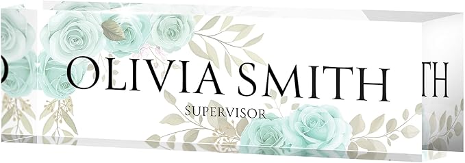 Desk Name Plate Personalized, Custom Name Plates 2½/x8 Inches, Thick Crystal-Clear Acrylic, Gift Box, Office Desk Decor. USA Made by ACRYLUXE (Roses)