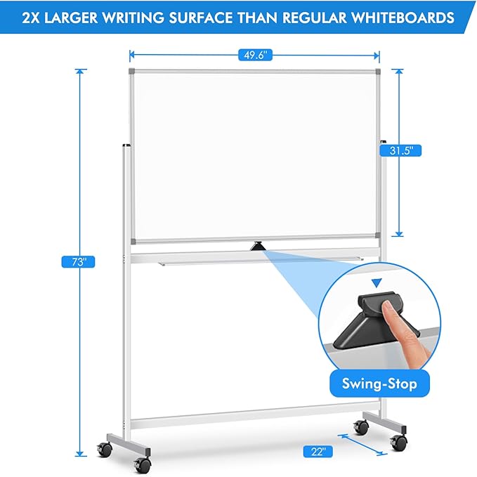 Maxtek Rolling White Board on Wheels 48x32 inch Double Side Magnetic Dry Erase Board with Stand, Aluminum Frame Easel Mobile Standing Whiteboard for Office, Classroom & Home