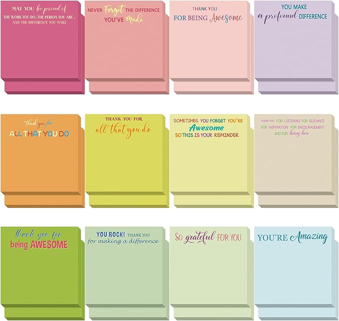 Yinder 24 Pcs Employee Appreciation Sticky Notes New Year Gift Bulk Motivation Sticky Note Pads Inspirational Gift for Teacher Nurse Staff Coworker Office Supply 3 x 3'' (Appreciation,Macaron)