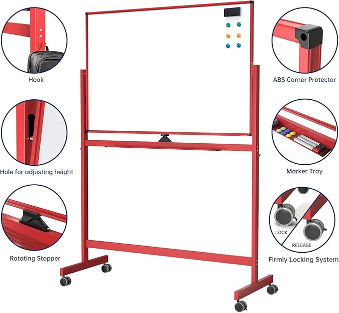 TSJ OFFICE Large Rolling Whiteboard - Dry Erase Magnetic 48 x 32 Inches White Board Height Adjust Double Sides Mobile Portable Easel on Wheels, Dry Erase Board with Stand for Office, Home & Classroom