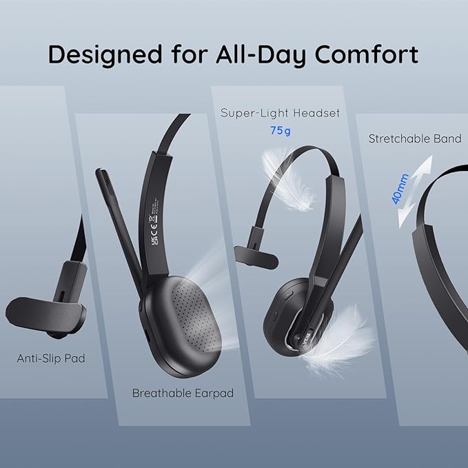 EKSA Wireless Headset with AI Noise Cancelling, 45 Hours Playtime, Trucker Headset with USB Dongle & Charging Base for Work PC Home Office Trucker Call Center