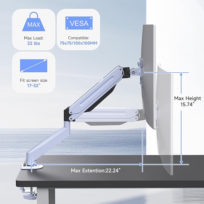 Suptek Monitor Mount Gas Spring Monitor Arm Desk Mount Fully Adjustable Fits 17-32inch Monitors Weight Capacity up to 22 lbs,Blue(MD8BLUE)