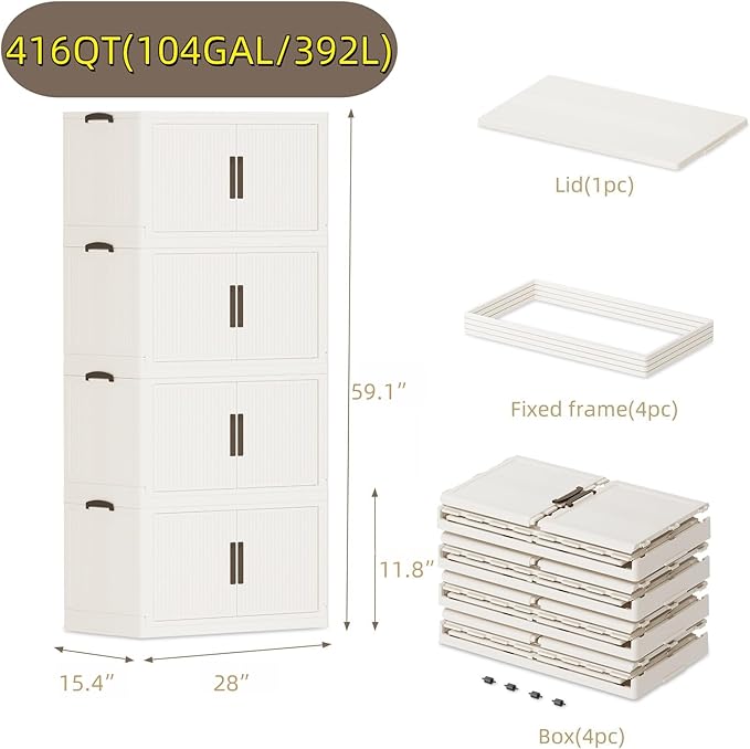 416QT/104GAL Stackable Storage Bins with 1 lid Foldable Storage Drawers with Wheels for Clothes Collapsible Storage Bins Container with door for Home,Office, Dorm Room(104Qt X 4)