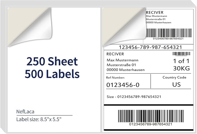 NefLaca 8.5" x 5.5" Half Page Self Adhesive Shipping Label, Compatible Laser & Inkjet Printers, White, 2 Labels Per Sheet(250 Sheet Total 500 Labels)