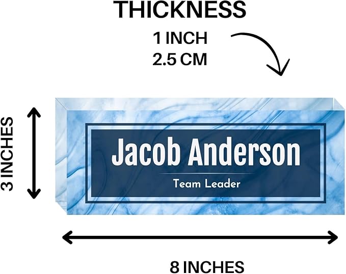 Customized Clear Acrylic Thick 8x3" Desk Name Plate Block with Personalized Logo - Professional Office Decor - Customized Acrylic Plate Gift for Teacher Co-workers, Christmas Gifts for Her, Thanksgiving Gifts (Blue Wave)
