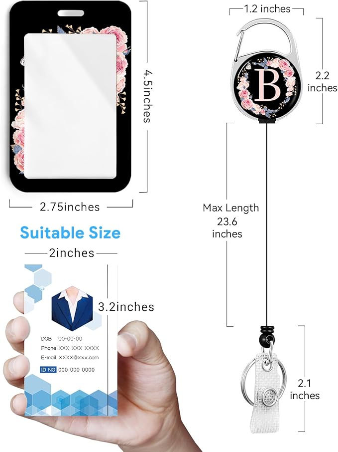 2 Pack A-Z Letter ID Badge Holder with Clip Badge Reels Retractable Heavy Duty,Keychain，ID Holder for School Nurse Office B
