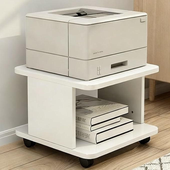 Under Desk Drawer Wooden 2 Tier Printer Shelf with Storage，Mobile Cart Wooden File Cabinets with Open Storage Shelf(White,19.7x15.7x11.0in)