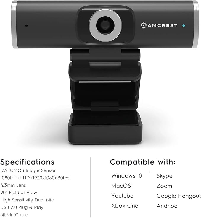Amcrest 1080P Webcam with Microphone for Desktop, Web Cam Computer Camera, Streaming HD USB Web Camera for Laptop & PC with Privacy Cover, Wide Angle Lens, Superior Low Light (AWC195-B)