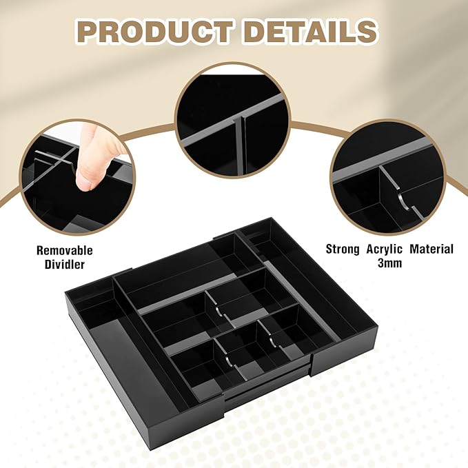 1 PC Acrylic Desk Drawer Organizer 2 Inch Height Expandable Drawer Organizer Trays with 8 Adjustable Compartments Desk Accessories for Makeup Silverware Office Bathroom(Black,Classic)