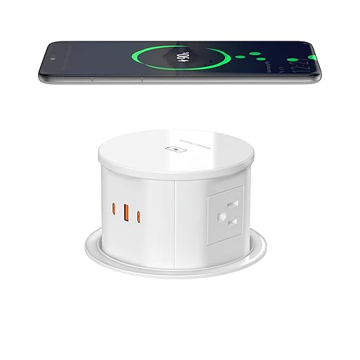Pop Up Countertop Outlet with 15W Wireless Charger, PD 20W USB-C Ports & 4 AC Outlets, 800J Surge Protection, 4.75 inch Pop Up Receptacle, 6Ft Cord for Home Office(ETL & FCC Listed)