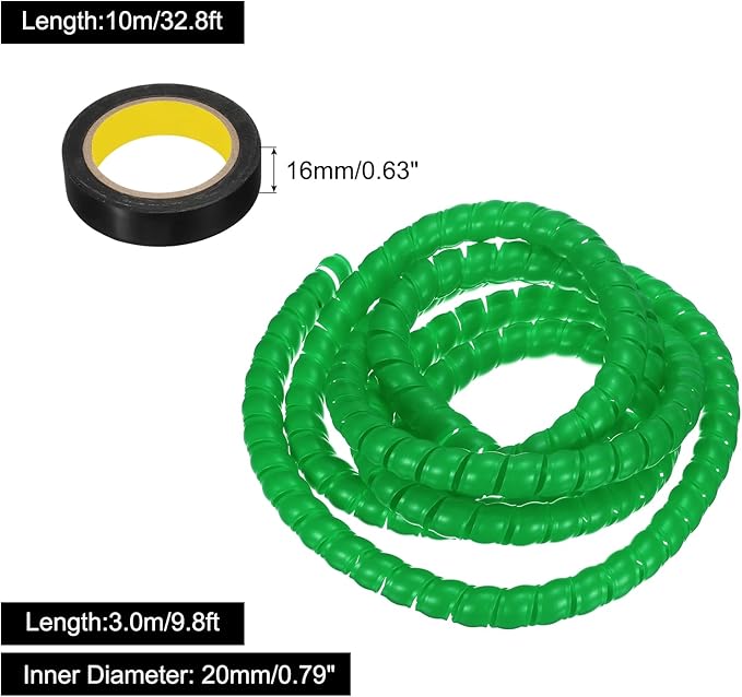 MECCANIXITY Spiral Cable Wrap 9.8ft/3.0M 20mm Cable Management Sleeve PP Insulation Cord Organizer for Computer Wire Power Cable Gas Pipe Green with Tape