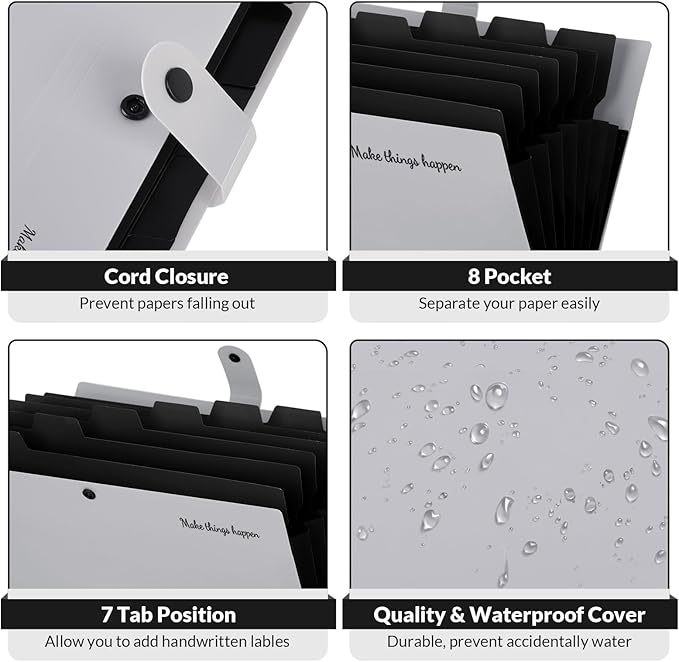 SKYDUE Accordion File Organizer, 8 Pockets Expanding File Folders, Portable Document Paper Organizer, Home College School Office Supplies, Letter Size Gray