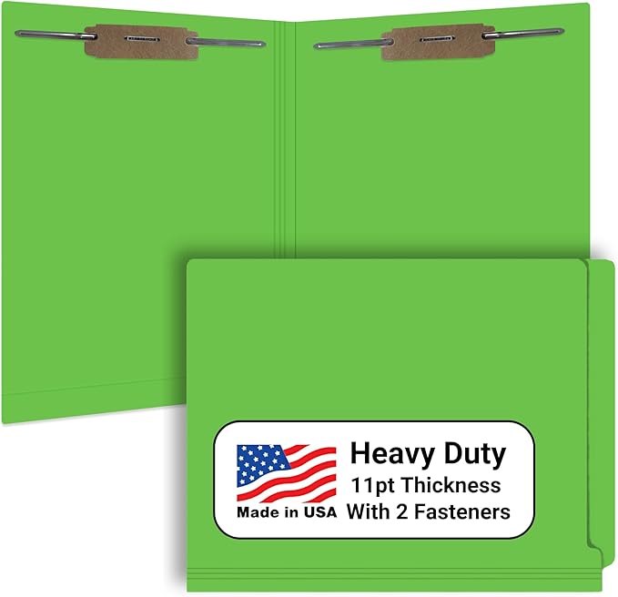 Green File Folders, USA Made, Doctor Stuff, Two 2" Bonded Fasteners, Durable 11pt, Reinforced End Tab File Folders with 2 Prongs, Colored Medical Charts and Patient Chart, Box of 50