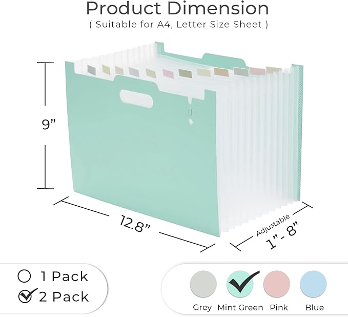 Y YOMA 2 Pack Accordion File Organizer with Handle 12 Pockets Expanding File Folder with Removable Tabs for A4 Letter Size Paper Portable Plastic Filing Organizer Bill Receipt Holder, Mint Green