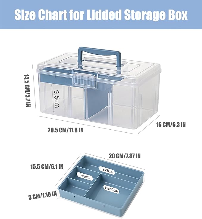 Clear Plastic Arts & Craft Supplies Organizer Box Large with a Removable Tray & A Partition & Handle, Office Home School Desktop Stationery Storage Box, Medicine Box (Clear & Ocean Blue)