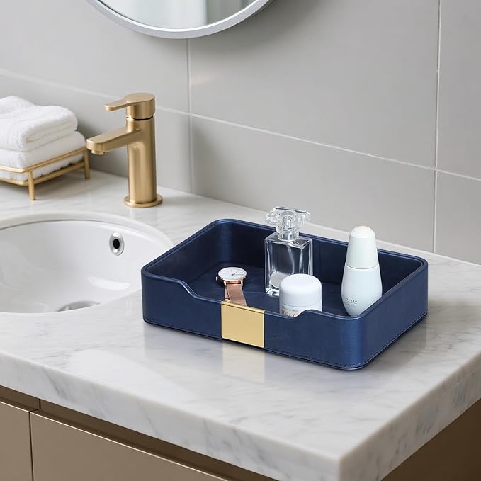 10.2" x 6.7" Nightstand Organizer Tray with Gold Accent, Decorative Valet Trays Cologne Organizer for Men, Key Bowl Perfume Trinket Tray for Dresser Bedside Entryway Table (Navy Blue)