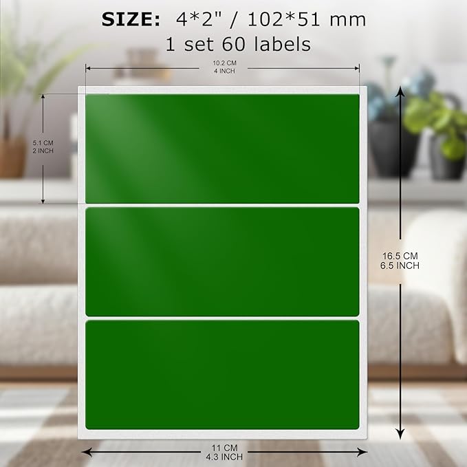 FINDAT Rectangle Label Stickers 4×2 Inch Vinyl Removable Green Sticker Waterproof Writable File Folder Moving Labels for Boxes Home Office Labeling 60 PCS