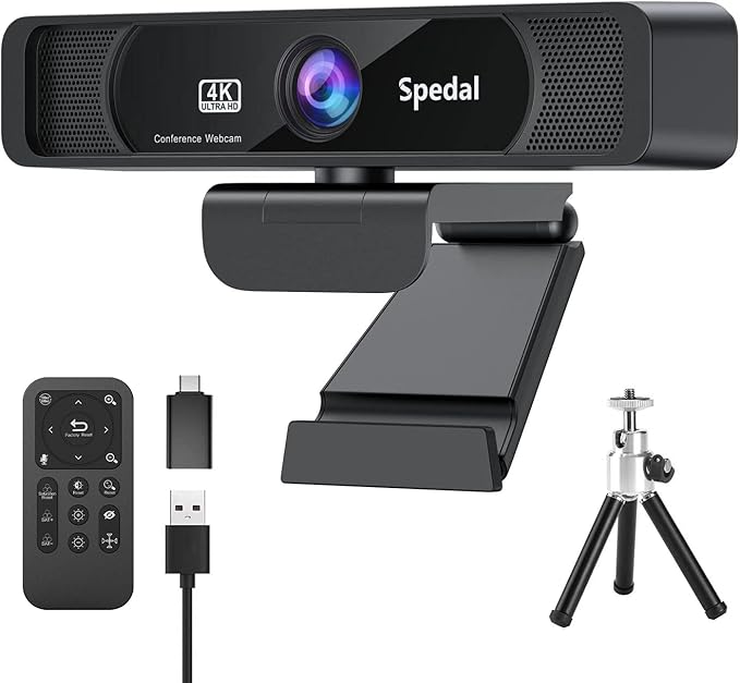 Spedal 4K Webcam with Tripod, Wide Angle 120° USB Webcam, Sony 1/2.8" Sensor, Dual Microphones, Remote Control, Auto Focus for Video Conferencing, Online Meetings, Streaming, Zoom & Teams