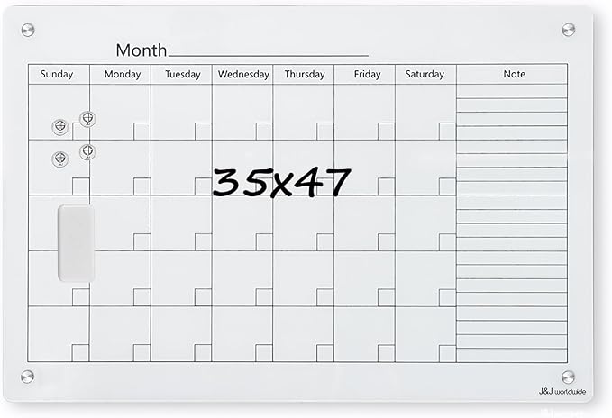 Magnetic Whiteboard Calendar, 4' x 3' Glass Wall Calendar Dry Erase Board Monthly Planner for Home, School, Office, Frameless, with Markers, Marker Tray, Eraser, Magnets