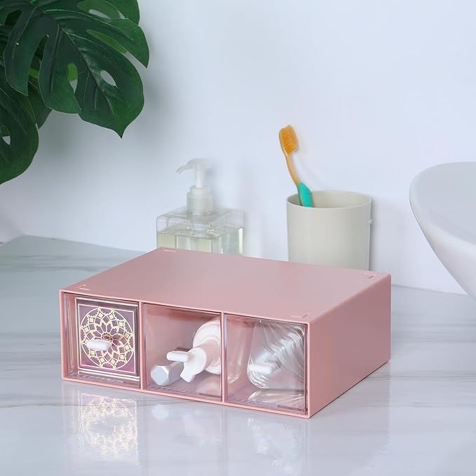 Desktop Drawers, Desk Organizer with 3 Drawers, Stackable Plastic Storage Box for Home Collection, Cosmetics, Office Supplies (1 Tall Layer, Pink)