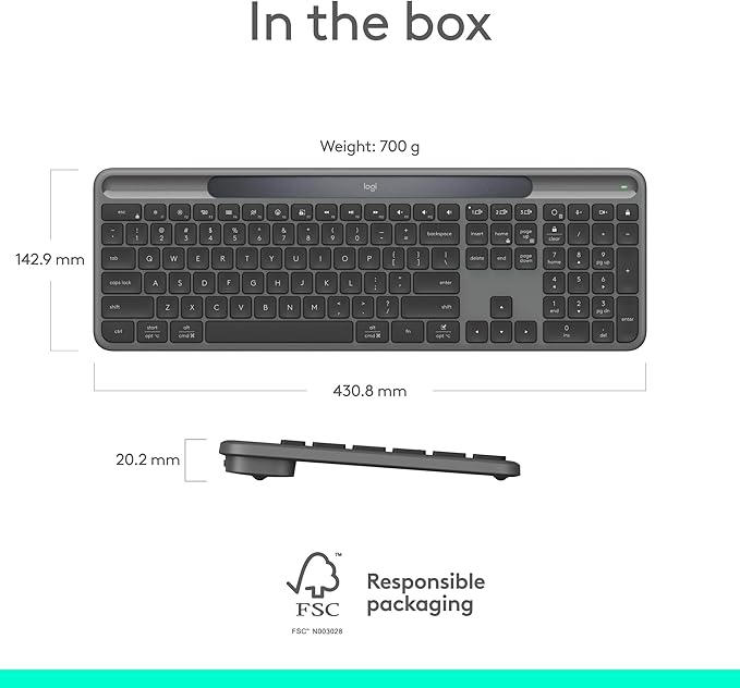 Logitech Signature Slim Solar+ Wireless Bluetooth Keyboard K980, Solar and Artificial Light Powered, Up to 10 Years Battery Life, Customizable Keys - Graphite