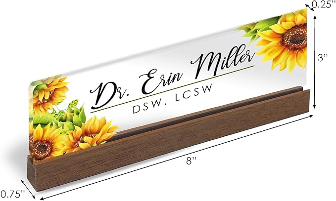 Artblox Personalized Office Desk Name Plate and Business Card Holder | Clear Acrylic Glass with Teak Wood Stand | Sunflowers Design Customized with Your Name and Credentials Office Desk Decor