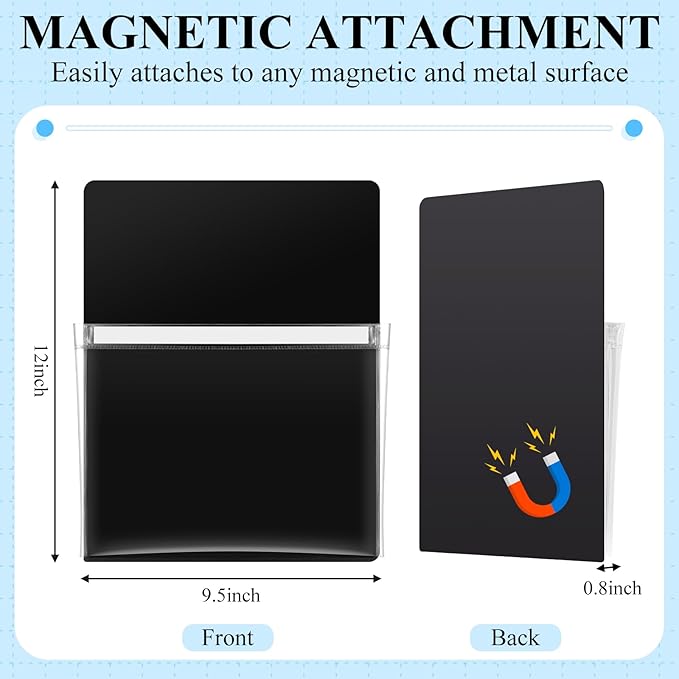 Henoyso 5 Pcs Magnetic File Holder Paper Holder Magnetic Pen Dry Erase Marker Organizer Fridge Pocket Organizer for Whiteboard Refrigerator, 12 x 9.5 in (Black)