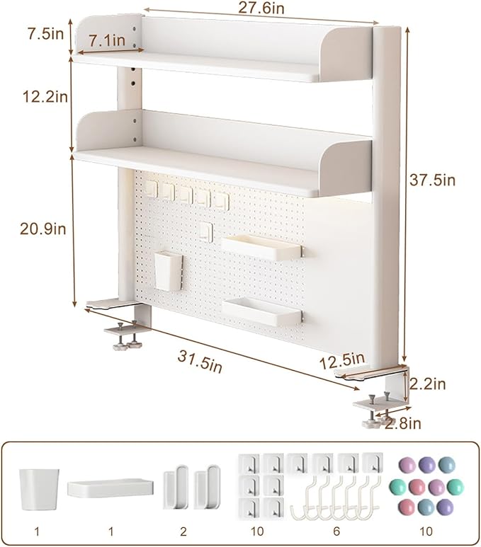 Clamp on Desk Shelf with Pegboard, White Desktop Organizer Bookshelf Storage Shelves for Home Office Dorm Gaming Desk, Space Saving Tabletop Display Rack Organization, 31.5x37.5in