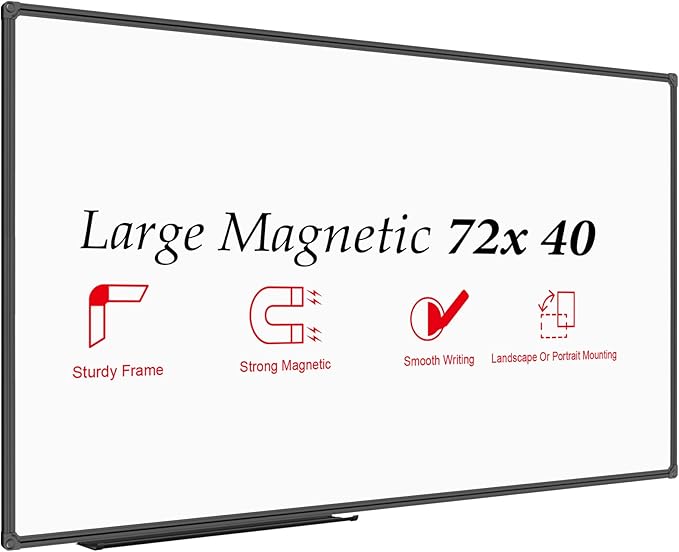 JILoffice Large Magnetic White Board, Dry Erase Board 72 x 40 Inch, Black Aluminum Frame with Detachable Marker Tray, Wall Mounted Board for Office Home and School