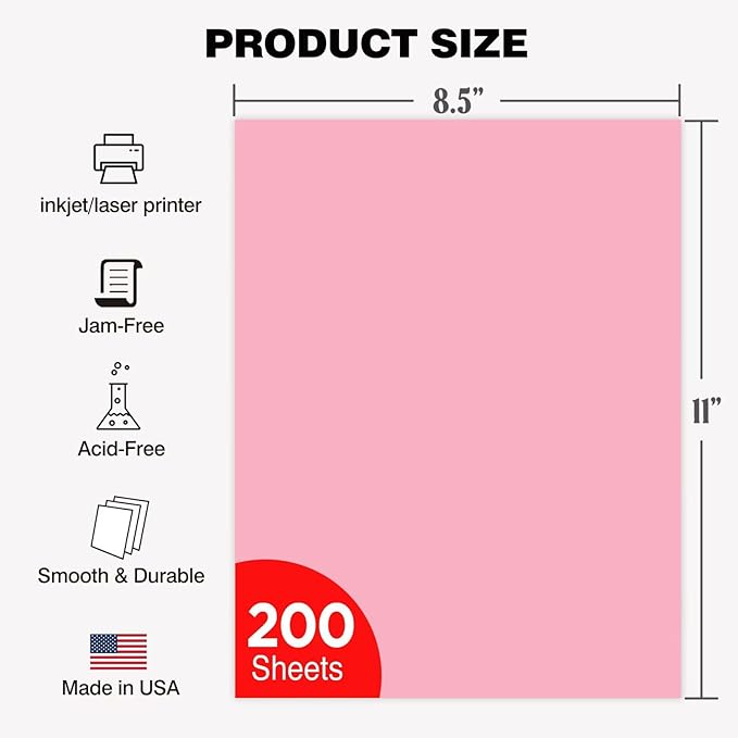 WritePads Veritas Colored Copy Paper, Pink Colored Printer Paper 8.5” x 11”, 20 lb / 75 GSM, 200 Sheets (1 Reams) Computer Paper, Multi-Purpose paper, Made in USA