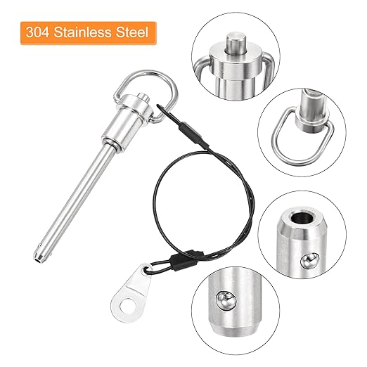 uxcell 1 Pcs Quick Release Pin, 1/4" x 1.77"(Dia. x L) Push-Button Ball Locking Pin 304 Stainless Steel Ring Handle Locking Pin with Wire for Audio Bimini Top Marine, Silver