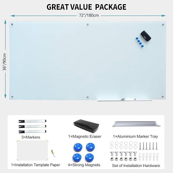 Magnetic Glass Whiteboard 36"X72" Dry Erase Board White Board Wall Mounted WritingBoard for Office School Home Accessory Tray 3 Dry Erase Marker 4 Glass Board Magnets and 1 Magnetic Eraser