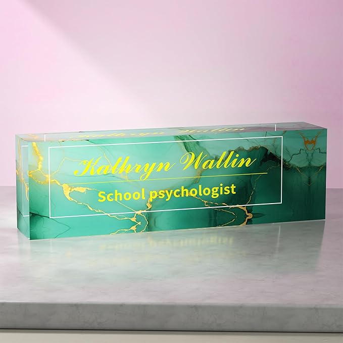 Office Desk Name Plate Personalized, Custom Plates for Desks on Acrylic Glass, Decor Nameplate, Accessories, Personalized Gift Boss Coworkers (Green Marble),(731)