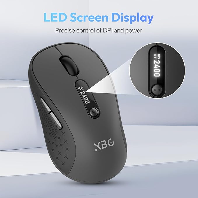 XBG B15pro Wireless Bluetooth Mouse, Bluetooth 5.0/4.0 & 2.4G Tri-Mode, Type-C Rechargeable with LED Screen Display, Ergonomic Silent Click for Laptop/PC/Tablet, Multi-Device & Office Use