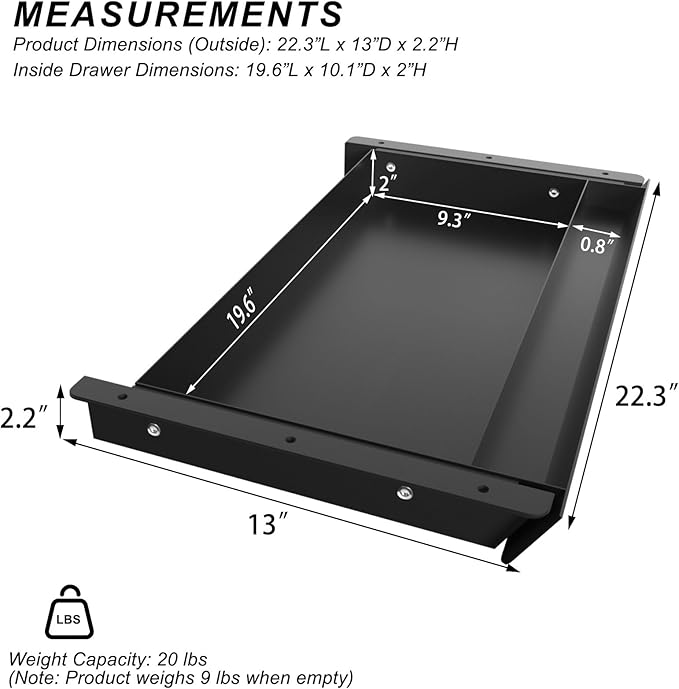 Large Under Desk Mounted Sliding Drawer with Pencil Tray and 60 Degree Tilt Panel to Pull Out, 22'' Long & 13'' deep Large Storage Organizer for Sit Stand Workstation