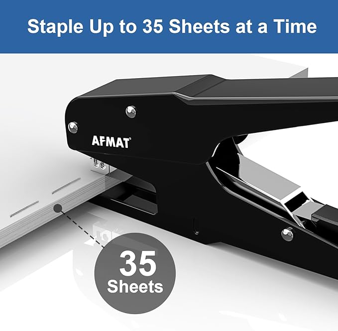 AFMAT Effortless Plier Stapler, Metal 35 Sheet Stapling Plier, 15000+ Stapling Times, with Staples & Reload Button, Handheld Stapler Heavy Duty, Space Save Size, Good for Office, Home, School, Black