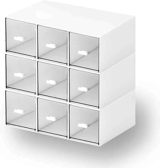 Desktop Drawers, Desk Organizer with 9 Drawers, Stackable Plastic Storage Box for Home Collection, Cosmetics, Office Supplies (3 Tall Layers, White)