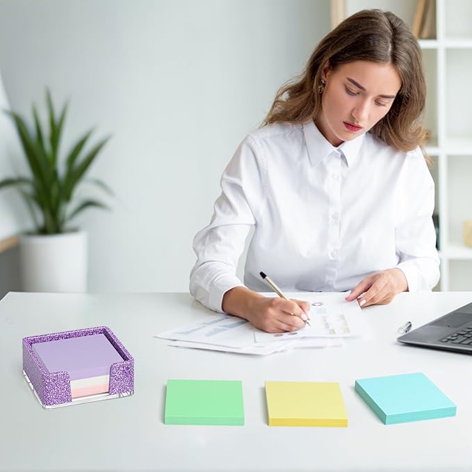 Sticky Note Holder, Glitter Purple Acrylic Notepad Holder 3x3 in Self-Stick Note Dispenser Office Desk Accessories, Memo Pad Holder Organizer for Classroom School Supplies