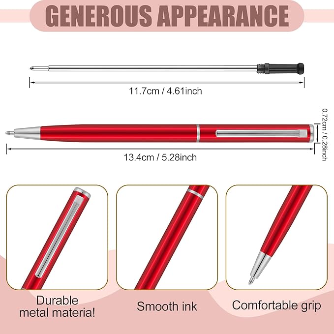 Zonon 15 Pcs Red Metal Slim Ballpoint Pens Bulk Retractable Metallic Black Ink 1 mm Medium Point Smooth Writing Pens for Wedding Business Office Supplies Students Teachers Men Women Present