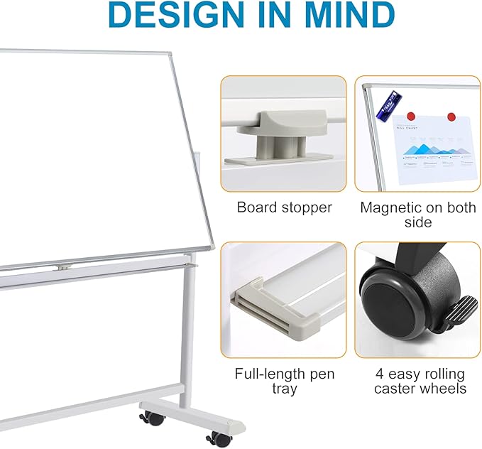 Mobile Whiteboard with Stand - 60x40 Double Sided Dry Erase Board with Stand, Large White Board on Wheels for Office, Rolling Magnetic Whiteboard with Pen Tray for Meeting, Training by CALENBO
