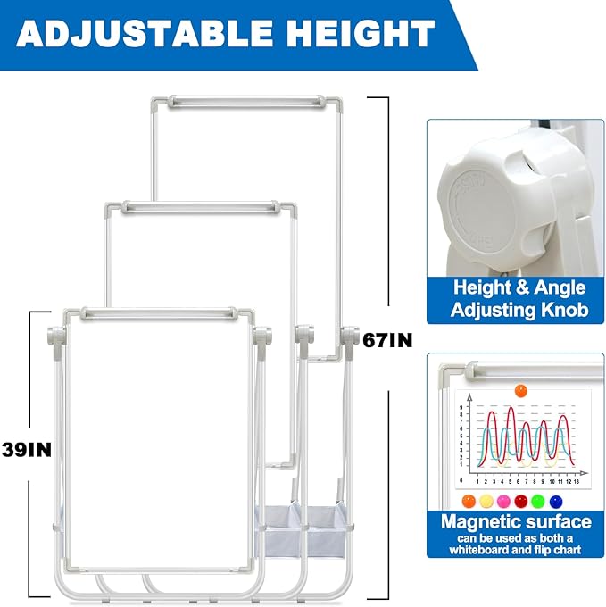 Dry Erase White Board with Stand Double Sided 36"X24" Magnetic U Standing Easel Whiteboard, Height Adjustable & 360° Rotation Portable White Boards for Classroom, Home & Office