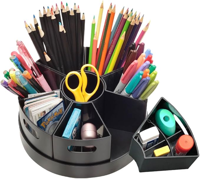 PUZZLE EZ Black Rotating Desk Organizer Lazy Susan Caddies for Home School Office Supplies, Pens, Markers and Art Supplies for Classroom