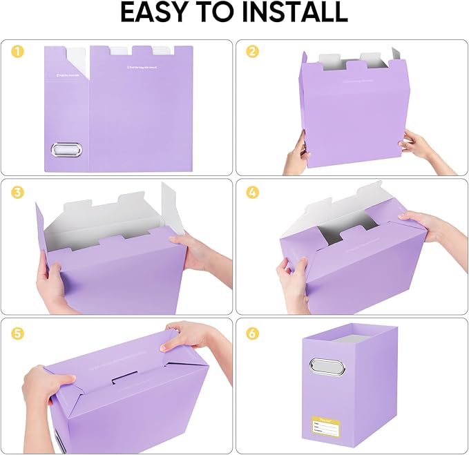 BALEINE File Organizer Box, Cardboard File Folder Organizer with Handle for Letter Size, Portable Collapsible Hanging Filing Box for Home Office Document Storage (4 Pack, Lavender)