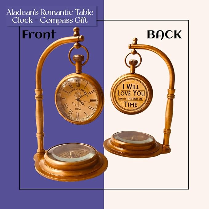 ALADEAN Inspirational Brass Table Clock with Compass | Religious Quote Engraved Desk Clock - Baptism Birthday Christmas (Be Strong & Courageous)