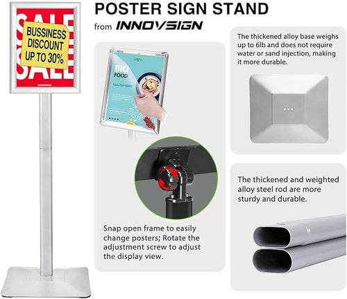 3Packs Heavy Duty Adjustable Pedestal Poster Sign Stand, 11x17 Aluminum Open Floor Standing Sign Holder for Vertical and Horizontal View Display, Silver